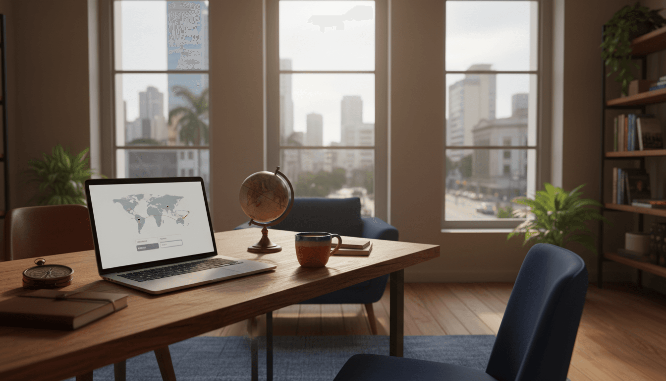 Travel consultancy desk with laptop, coffee and globe in São Paulo setting