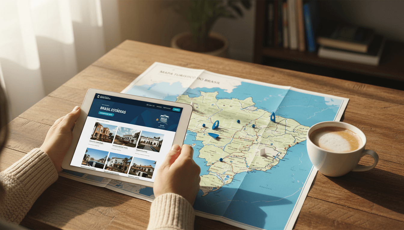 Pessoa analisando opções de hospedagem em tablet com mapa de viagem sobre mesa de madeira