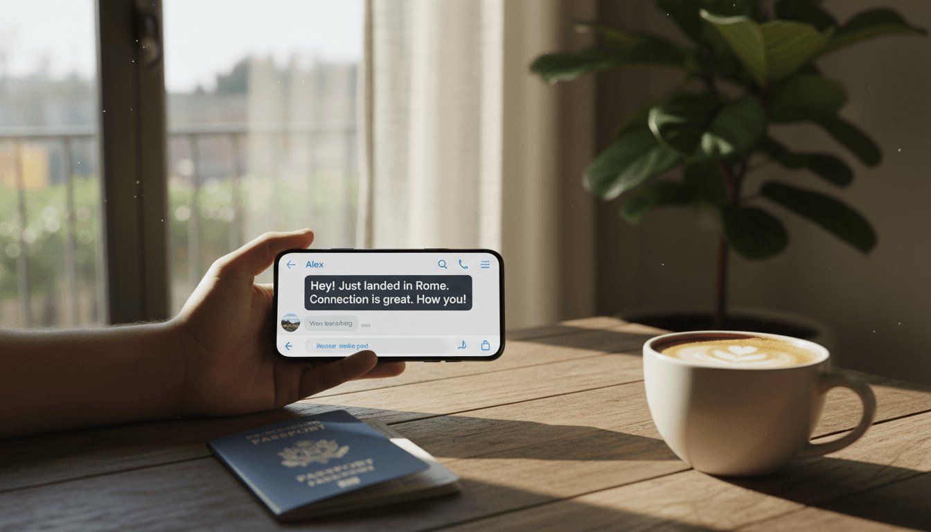Mão segurando celular com WhatsApp aberto sobre mesa com passaporte e café