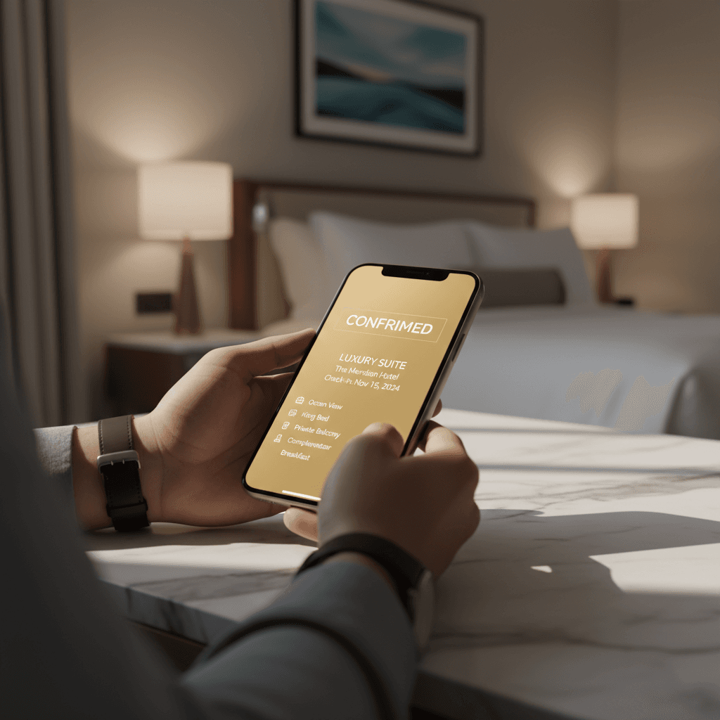 Mão segurando celular com app de reservas em destaque