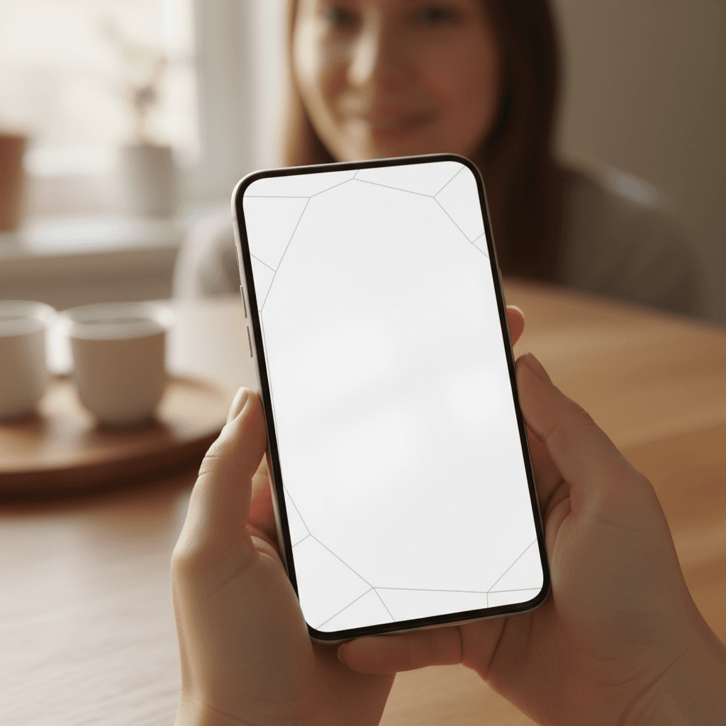 Mãos segurando um smartphone com conversa de WhatsApp aberta, sobre uma mesa de madeira com guias de viagem ao fundo desfocado
