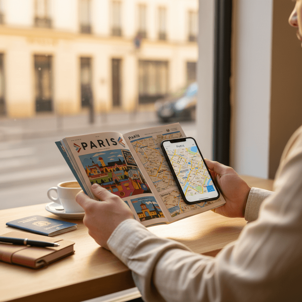 Mãos de consultor de viagens segurando smartphone em uma mesa com globo e café