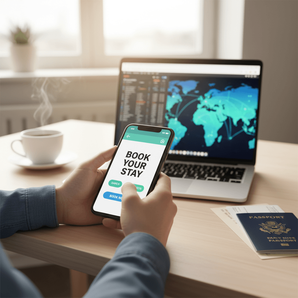 Smartphone com WhatsApp aberto sobre uma mesa, ao lado de passaporte e xícara de café
