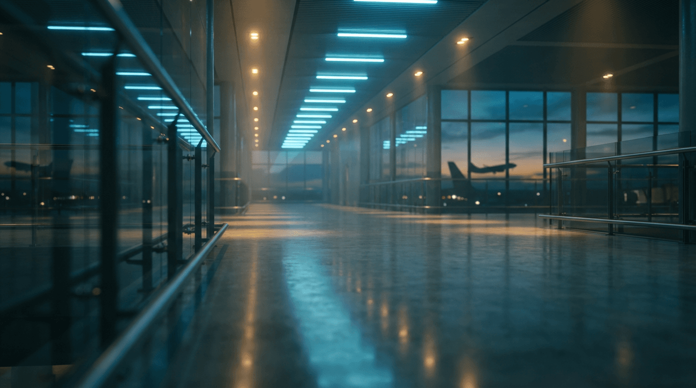 Ambiente tranquilo e acolhedor de uma recepção de hotel ou aeroporto com luz natural suave